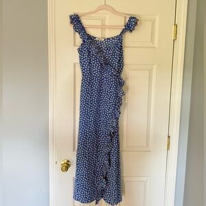Madewell Floral Midi Dress Ruffle Trim Sleeveless Blue‎ White Summer Casual